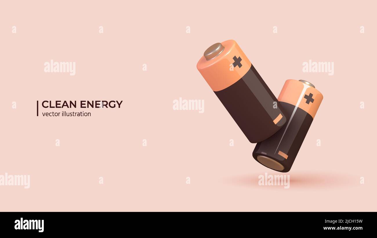 Realistische Alkaline-Batterie - realistisches 3D-design von sauberem und erneuerbarem Strom. Energiekonzept im Cartoon-Minimal-Stil. Vektorgrafik Stock Vektor