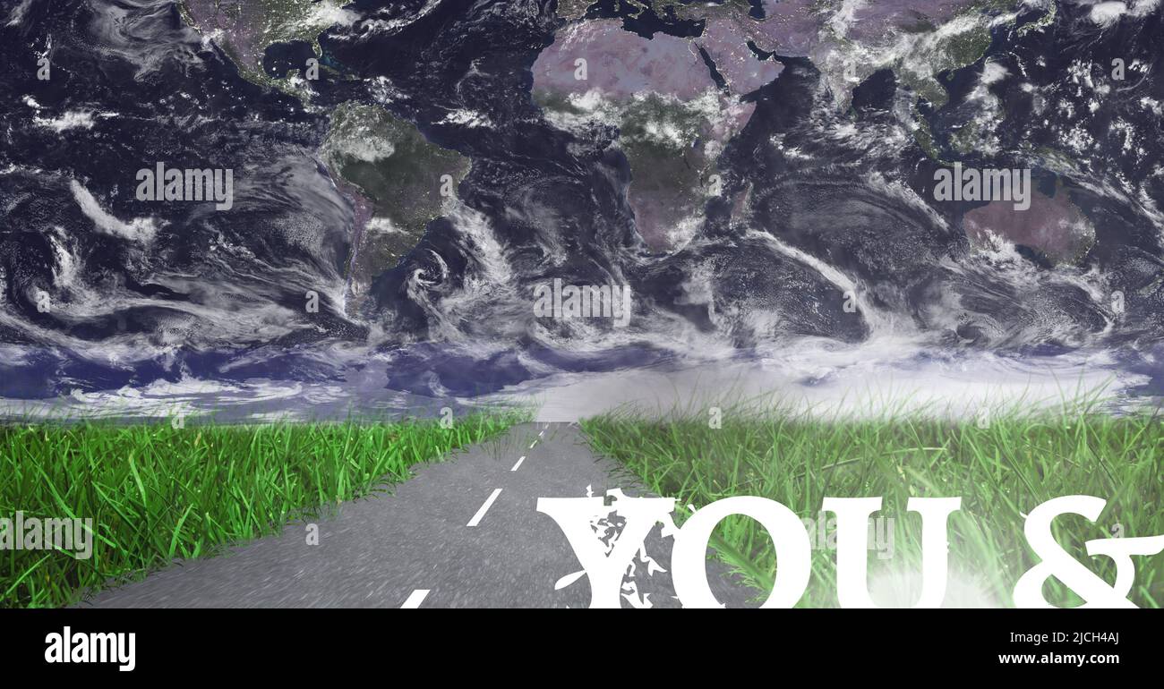 Zusammengesetztes Bild von Ihrem Text über dem Pfad durch das Grasfeld gegen den Kopierraum auf der Weltkarte Stockfoto