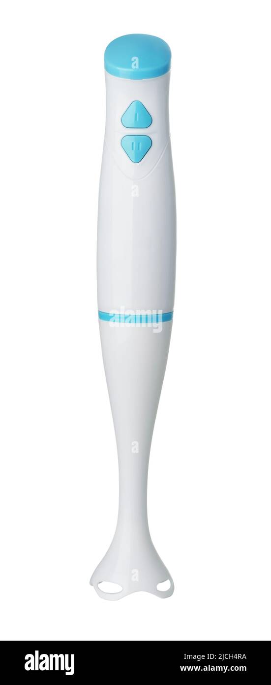 Vorderansicht des weißen Stabmixers isoliert auf Weiß Stockfoto