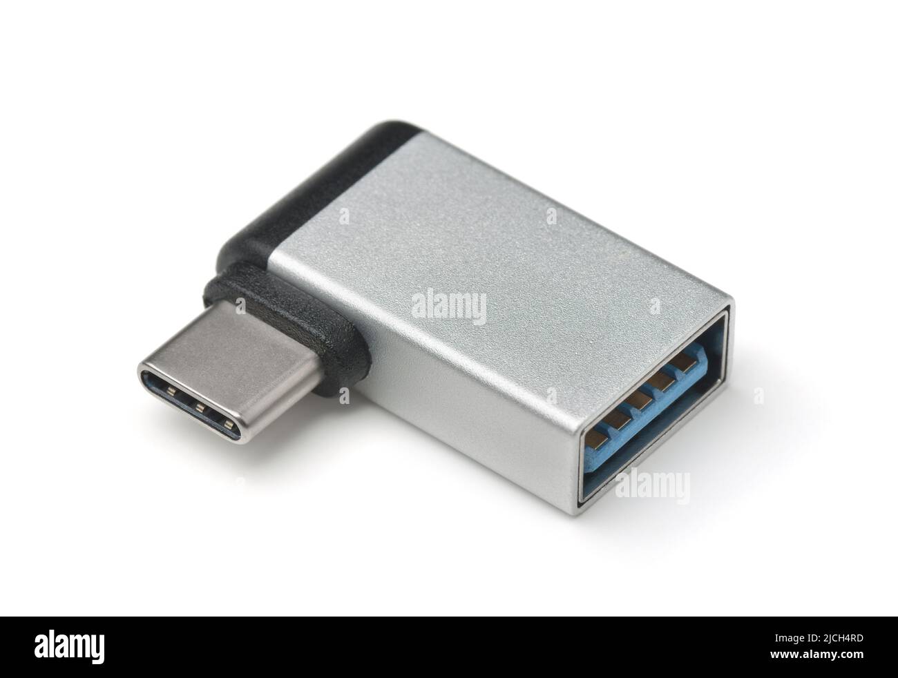 Silber USB Typ C auf USB OTG Winkeladapter isoliert auf weiß Stockfoto