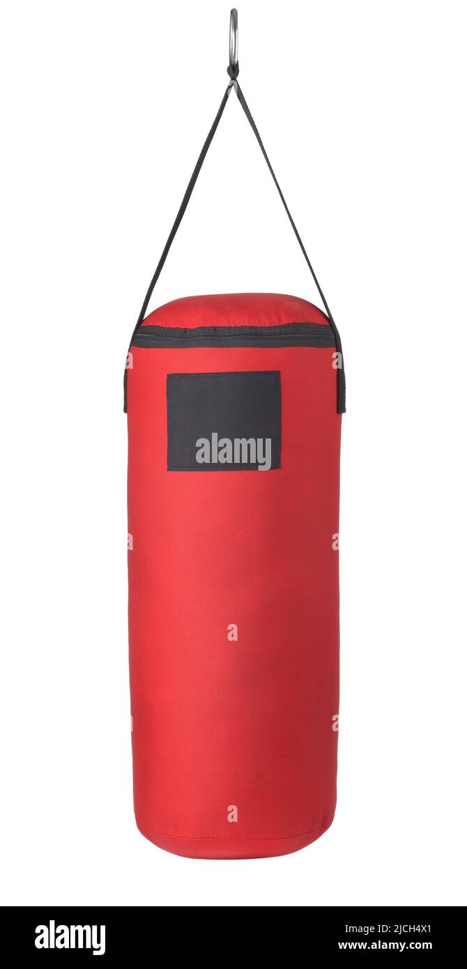Vorderansicht des aufgehängten roten Boxsacks isoliert auf Weiß Stockfoto