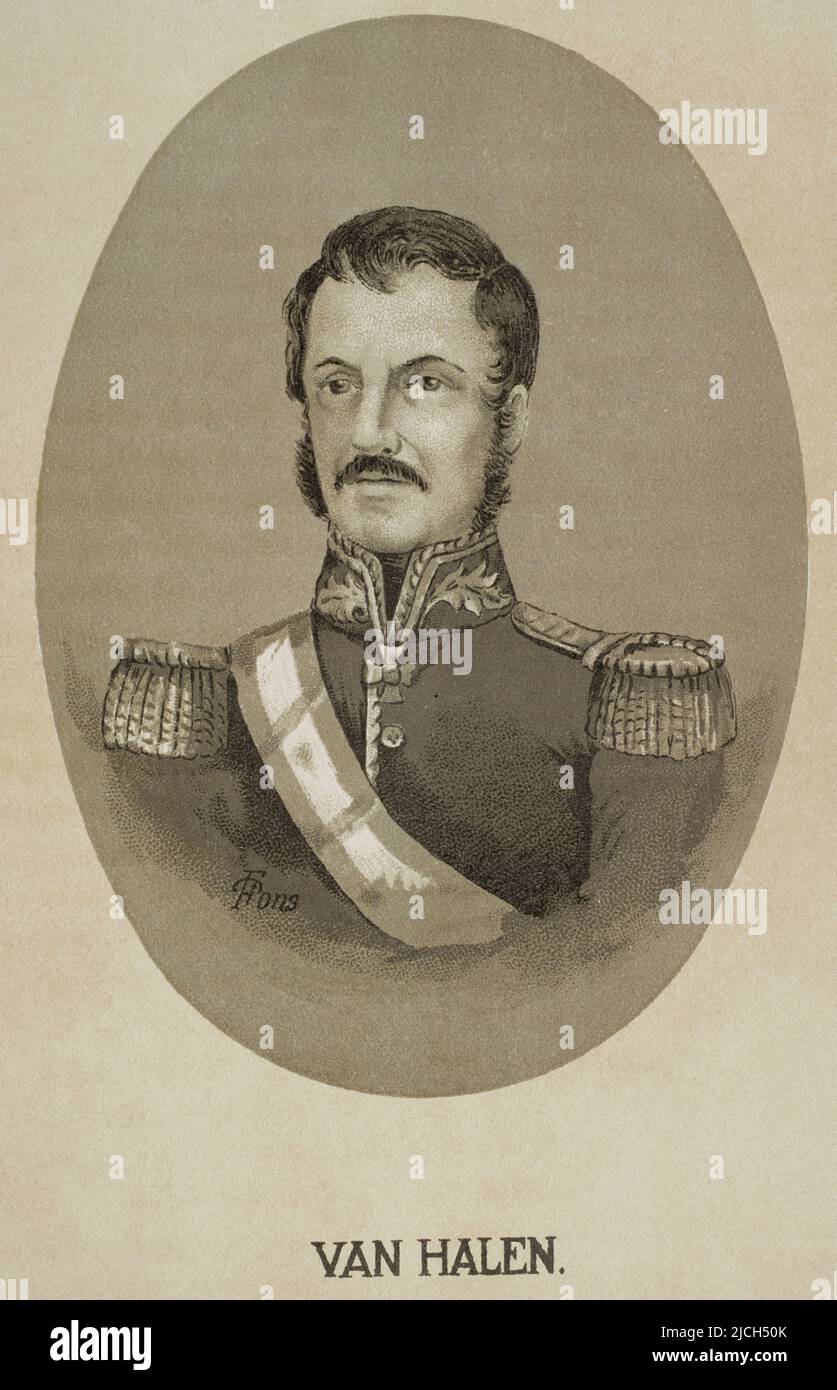 Antonio Van Halen Sarti (1792-1858). Spanische Marine und Militär. Er nahm am Peninsula-Krieg, dem Spanisch-Amerikanischen Krieg und dem Ersten Carlist-Krieg Teil. Als Generalkapitän von Katalonien während der Regency von Espartero ordnete er im November 1842 die Bombardierung der Stadt Barcelona an. Hochformat. 'Historia de la Revolución Española' (desde la Guerra de la Independencia a la Restauración en Sagunto), von Vicente Blasco Ibáñez. Band II. Veröffentlicht in Barcelona, 1891. Stockfoto
