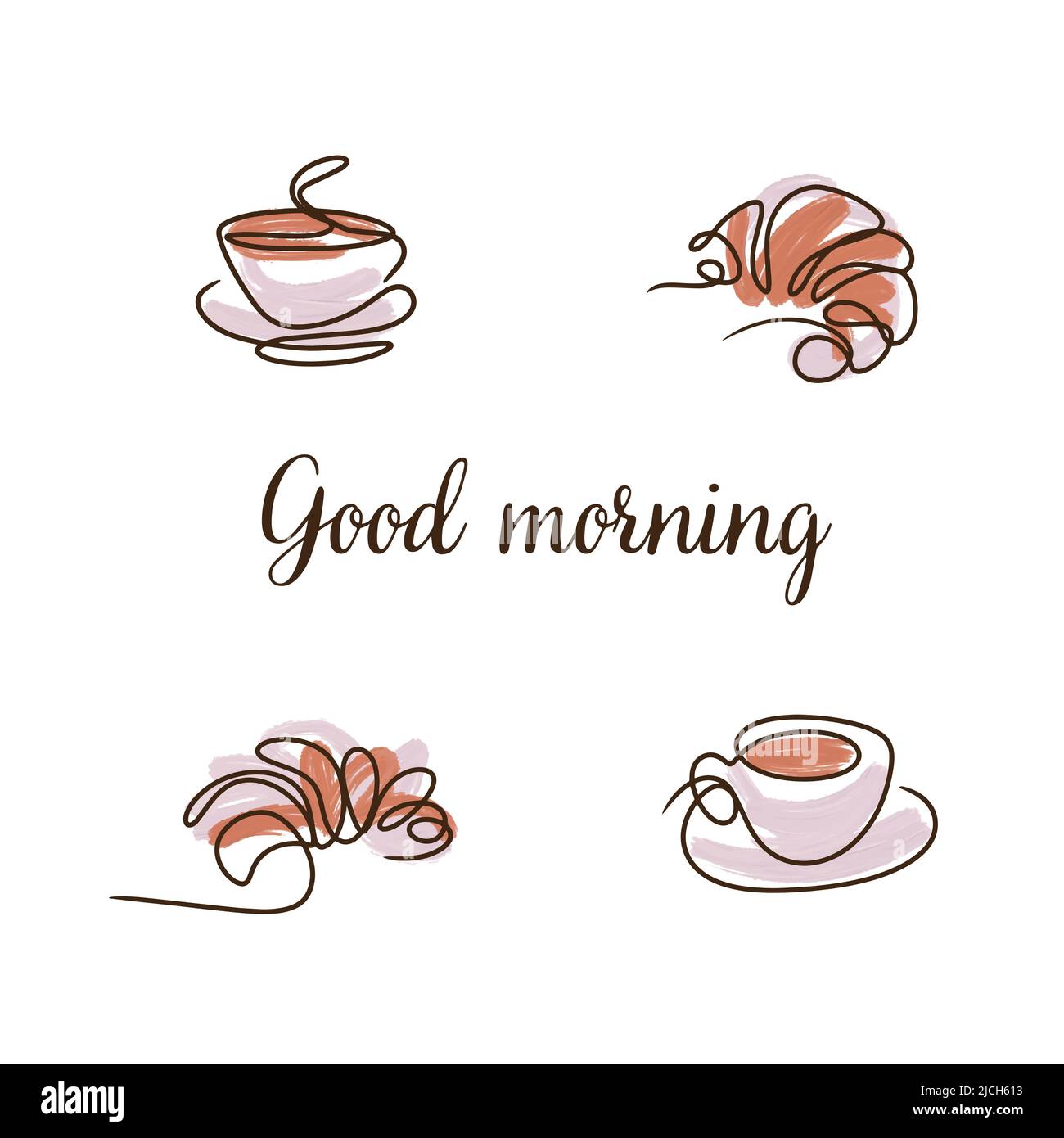 Good Morning Set, Linienzeichnung, beige und zartrosa Farbe, Croissant und Tasse frischen Kaffee, Acrylmalerei, Doodle-Stil Stock Vektor