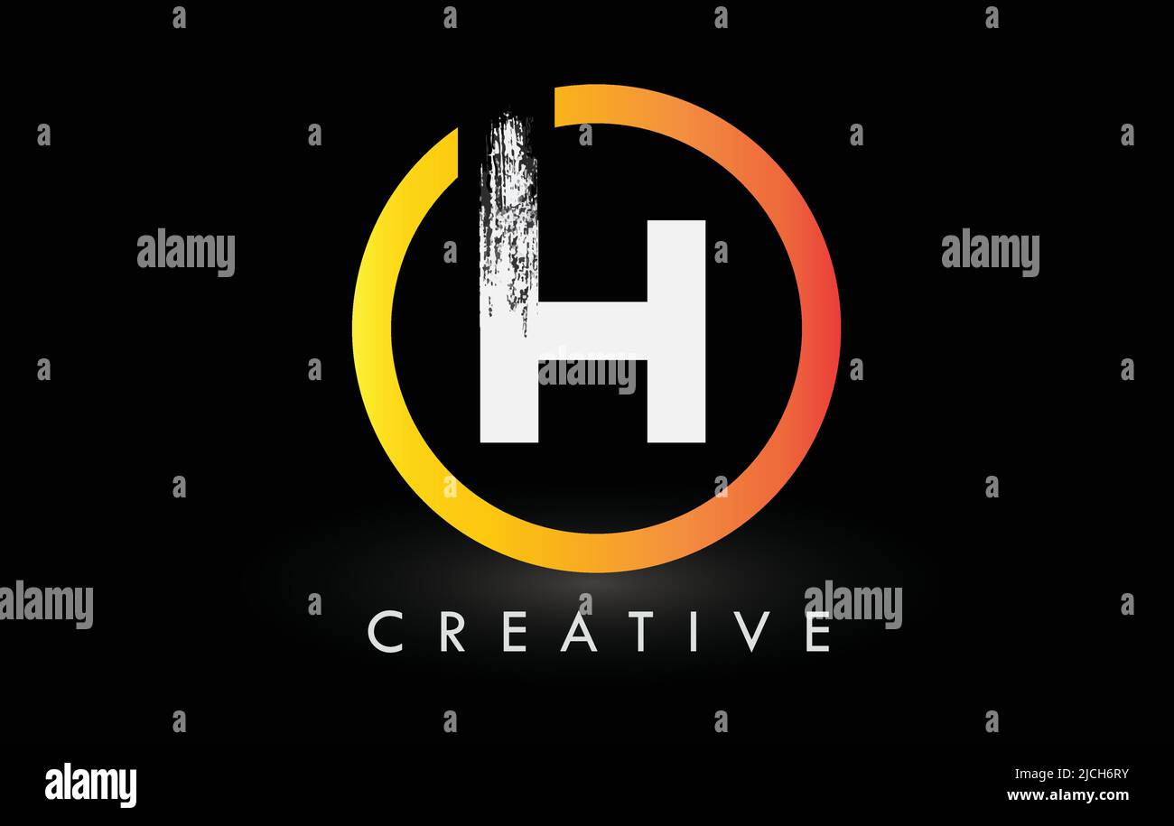 Kreisförmiges weißes H-Pinsel-Logo-Design mit schwarzem Kreis. Creative Brushed Letters Icon Logo. Stock Vektor