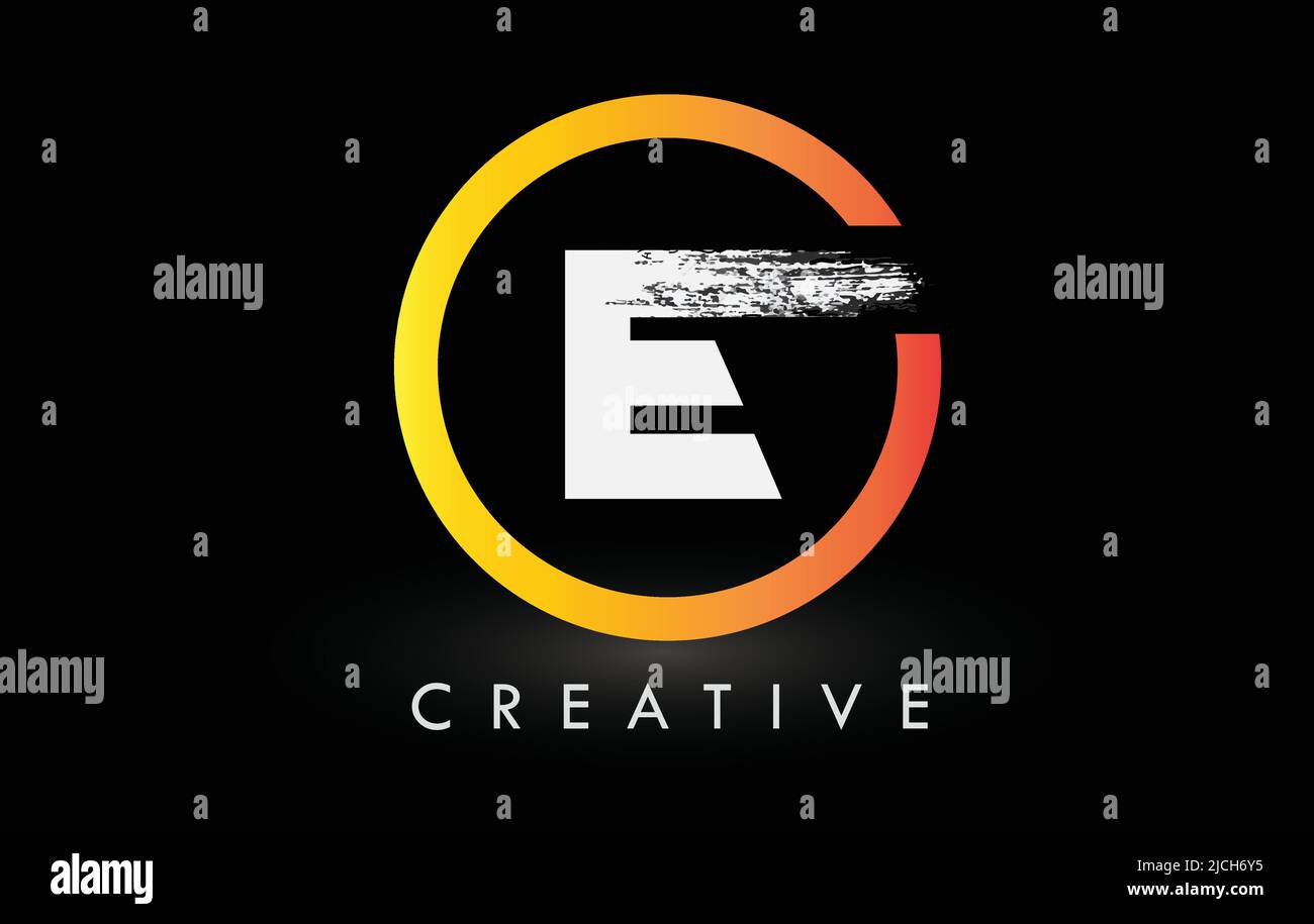 Kreisförmiges weißes E-Bürstenlogo-Design mit schwarzem Kreis. Creative Brushed Letters Icon Logo. Stock Vektor
