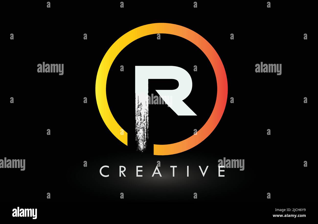 Kreisförmiges weißes R-Bürstenlogo-Design mit schwarzem Kreis. Creative Brushed Letters Icon Logo. Stock Vektor