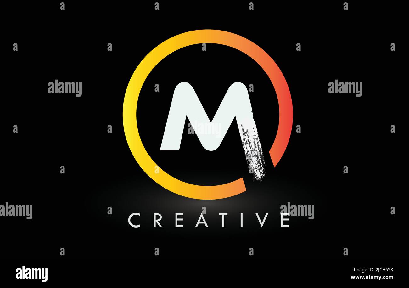 Kreisförmiges weißes M-Bürstenlogo-Design mit schwarzem Kreis. Creative Brushed Letters Icon Logo. Stock Vektor