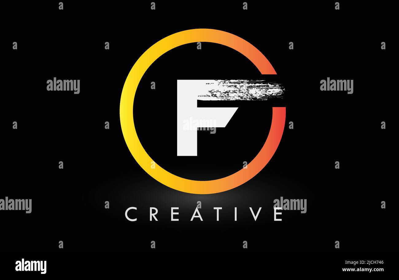 Kreisförmiges weißes F-Pinsel-Logo-Design mit schwarzem Kreis. Creative Brushed Letters Icon Logo. Stock Vektor
