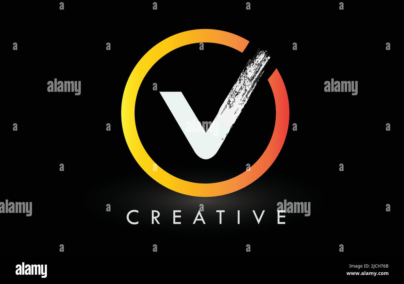 Kreisförmiges weißes V-Pinsel-Logo-Design mit schwarzem Kreis. Creative Brushed Letters Icon Logo. Stock Vektor