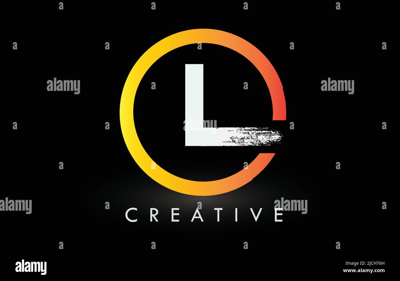 Kreisförmiges weißes L-Bürstenlogo-Design mit schwarzem Kreis. Creative Brushed Letters Icon Logo. Stock Vektor