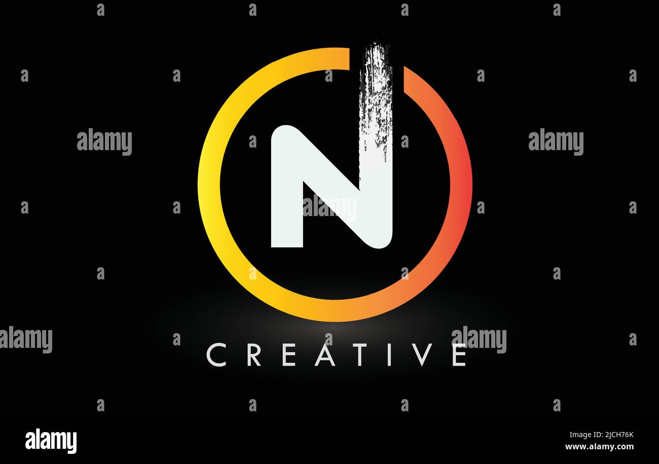Kreisförmiges weißes N-Bürstenlogo-Design mit schwarzem Kreis. Creative Brushed Letters Icon Logo. Stock Vektor