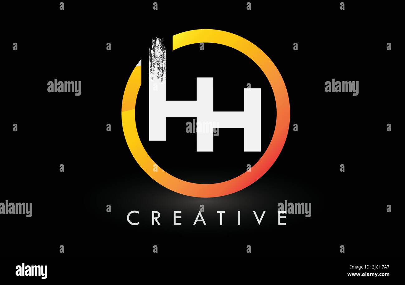 Kreisförmiges weißes HH-Bürstenlogo-Design mit schwarzem Kreis. Creative Brushed Letters Icon Logo. Stock Vektor