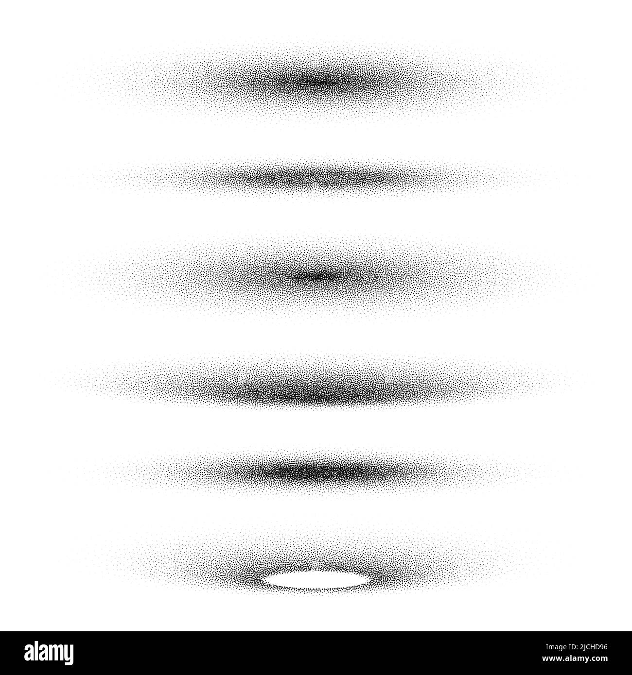 Gestrichelte Schatten, gepunktete Designelemente. Verblassender Verlauf. Stippeln, Dotwork-Zeichnen, Schattierung mit Punkten. Pixelzerfall, Halbtoneffekt Stock Vektor