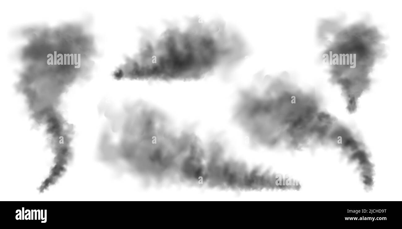 Schwarzer realistischer Rauch, Staubwolken isoliert auf weißem Hintergrund. Verschmutzter, verschmutzter Smog oder Nebel. Luftverschmutzung, Nebelwirkung. Rauch durch Feuer oder Explosion Stock Vektor