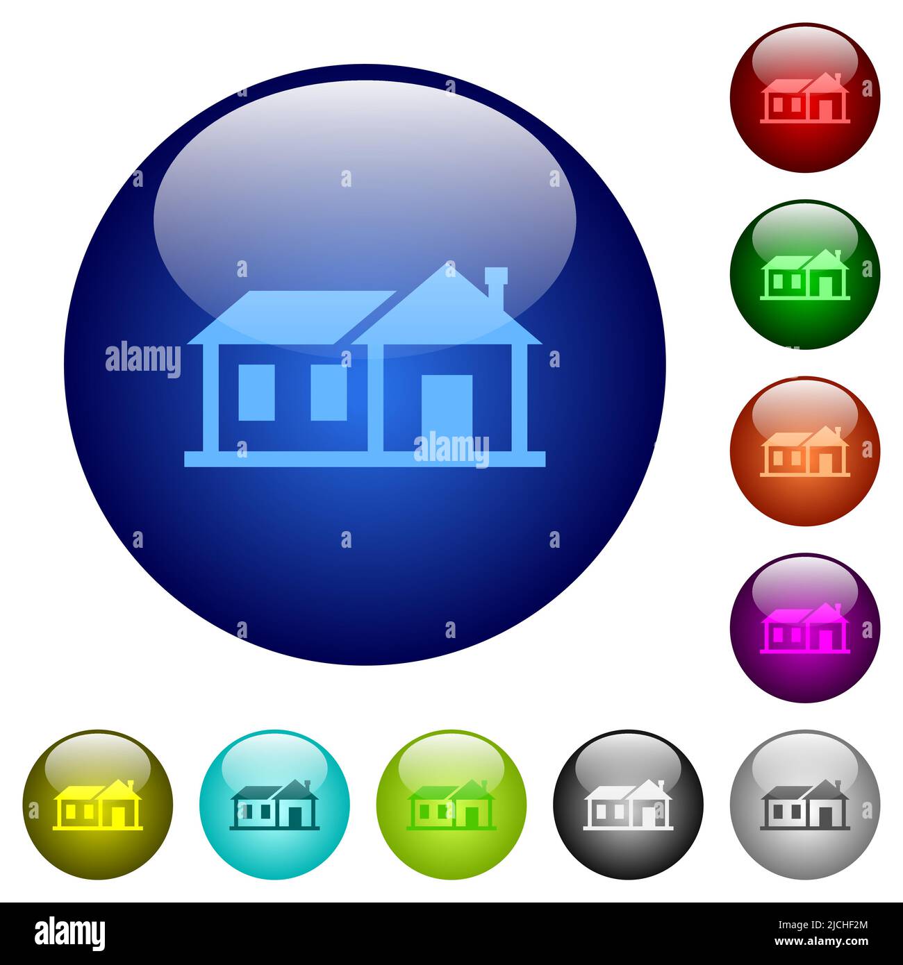 Familienhaus-Ikonen auf runden Glasknöpfen in mehreren Farben. Angeordnete Ebenenstruktur Stock Vektor