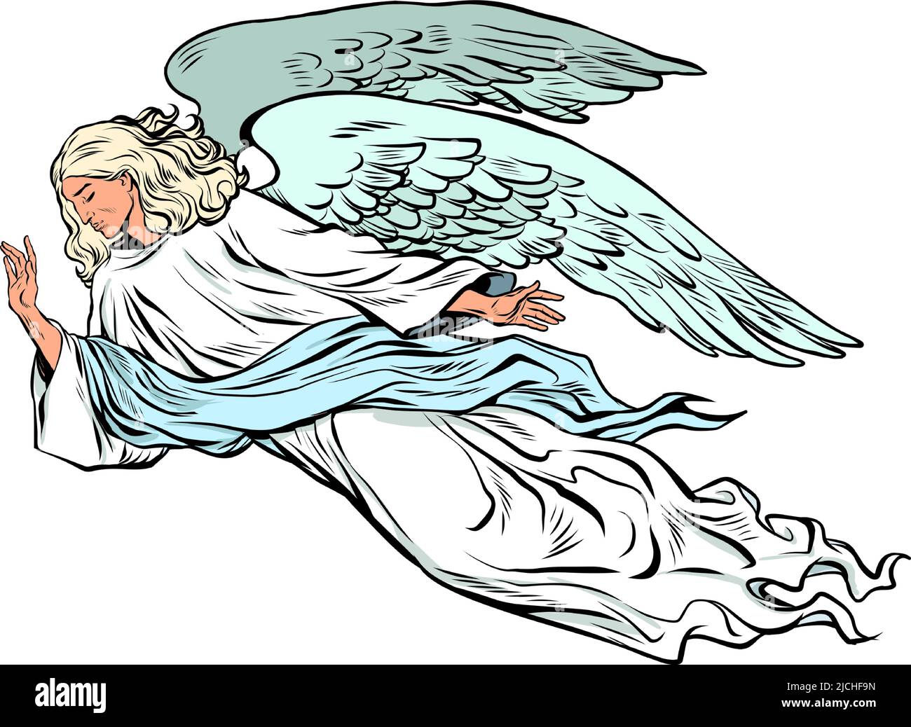Männlicher Engel fliegend, christliches religiöses Wesen. Symbol für Trauer und Traurigkeit Stock Vektor