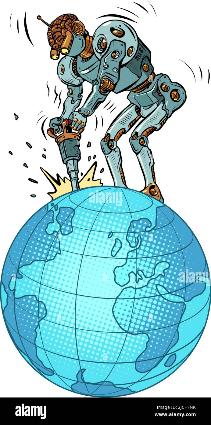 Ein Roboter mit Presslufthammer extrahiert natürliche Ressourcen aus dem Planeten Erde. Globale Wirtschaft, Globales Geschäft Stock Vektor