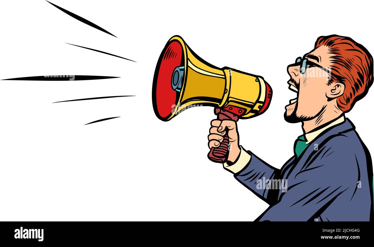 Mann mit Bullhorn-Megaphon-Lautsprecher. Werbung Ankündigung weinen Informationskonzept Stock Vektor