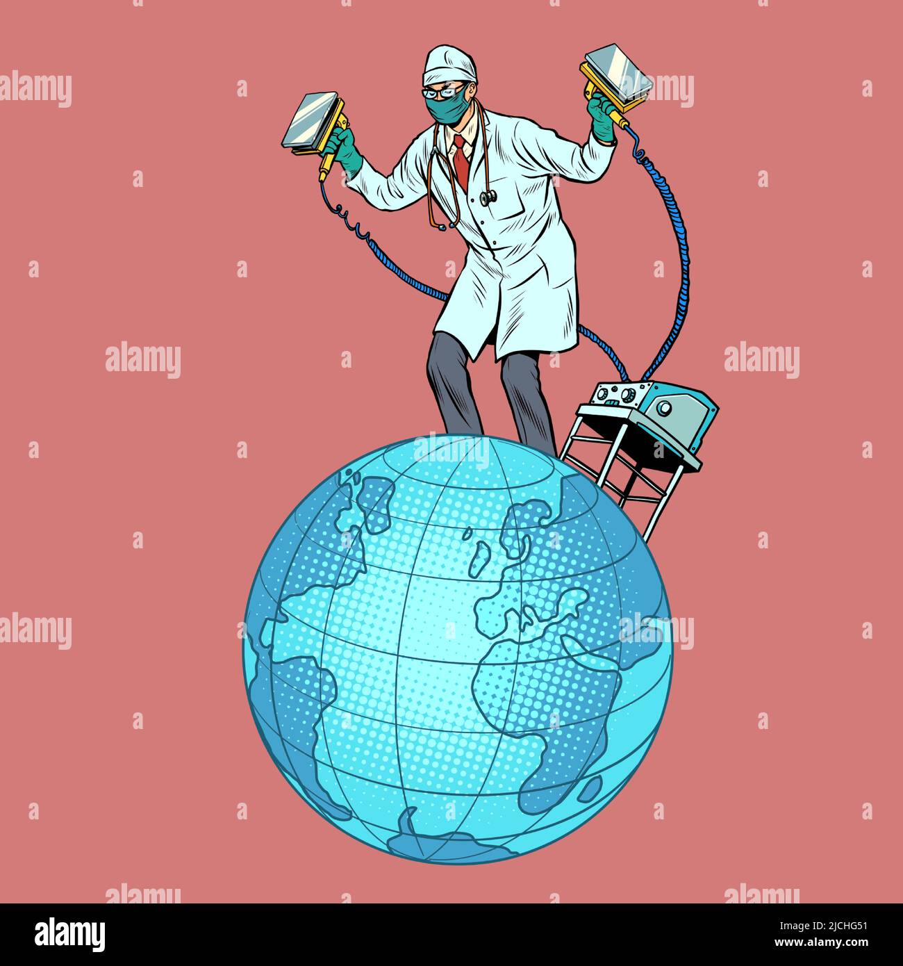 Der Arzt rezitiert den Planeten Erde mit einem elektrischen Defibrillator-Schock. Ökologie und Politik, Gesundheit. Pandemie und Epidemie Stock Vektor