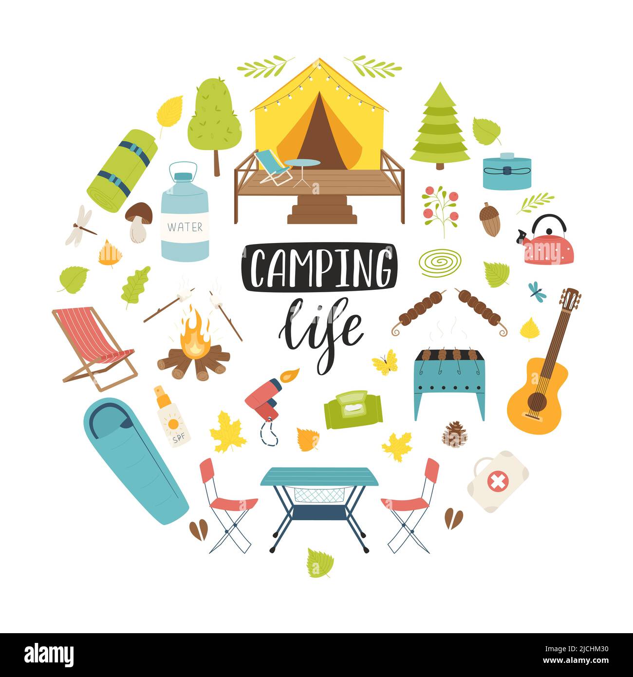 Eine Reihe von Wanderausrüstung für Reisen, Picknick, Camping, Tourismus. Runde Komposition als Print auf Kleidung, Postkarten, Webdesign. Vektorgrafik flach Stock Vektor