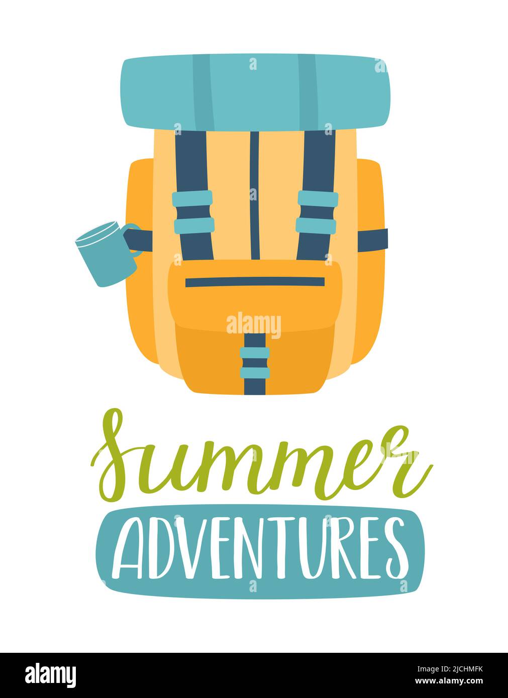 Touristenrucksack mit Becher und Touristenmatte. Handgeschriebener Satz - Sommerabenteuer. Eine Karte mit einem Symbol für Wandern, Camping, Erholung im Freien, zu Stock Vektor