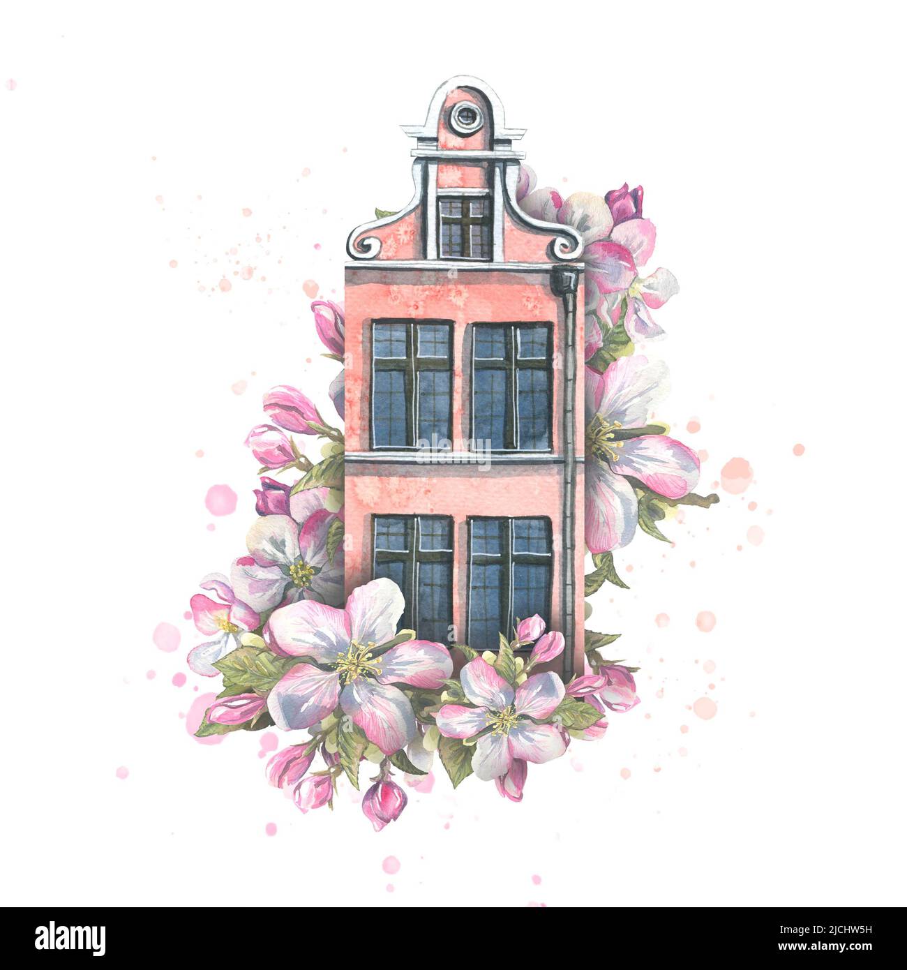 Ein altes europäisches Haus in Apfelblüten mit Farbspritzern. Aquarelldarstellung. Komposition für Dekoration und Gestaltung von Souvenirs, Postkarten Stockfoto