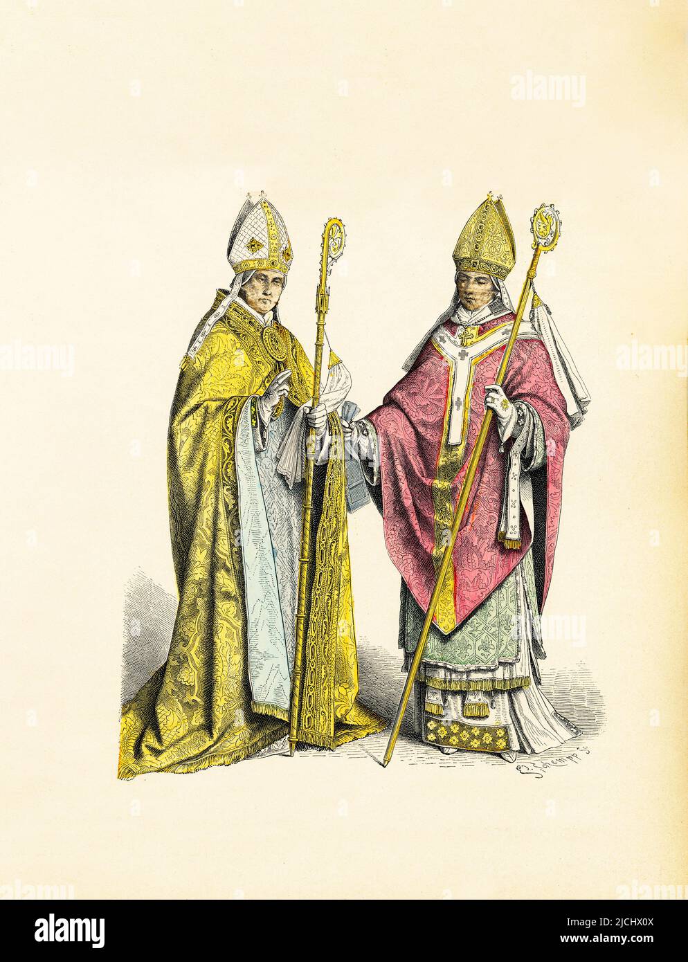 Kirchliche Gewänder, Bischof in pluvial, Bischof in Chasuble, 16. und 17. Jahrhunderte, Illustration, die Geschichte der Kostüme, Braun & Schneider, München, Deutschland, 1861-1880 Stockfoto