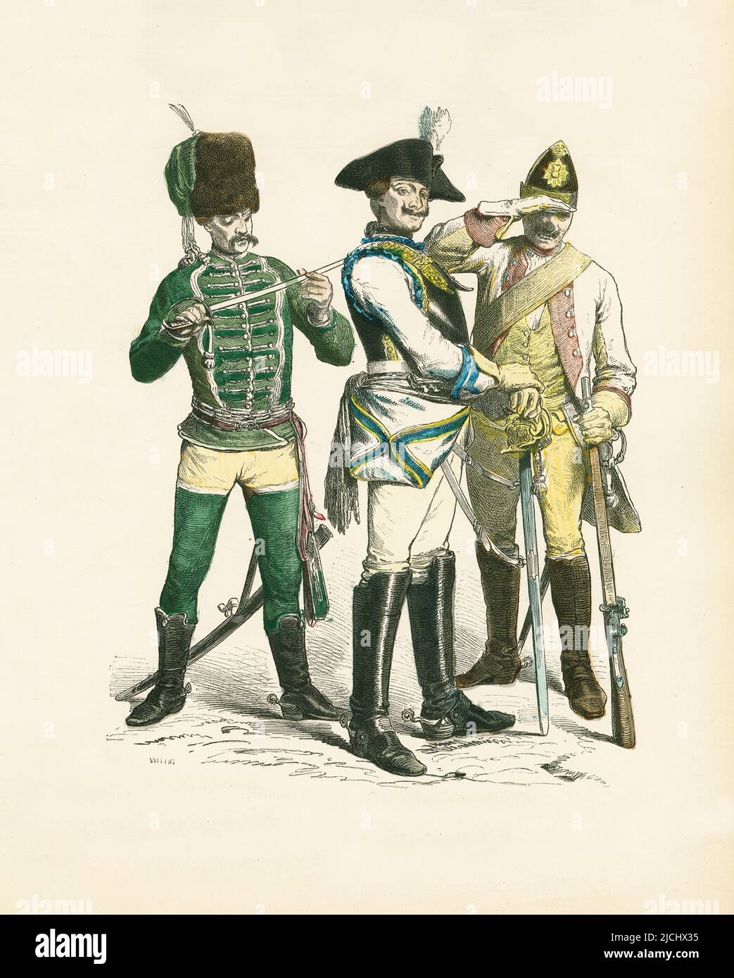 Preußischer Offizier der Hussaren, Cuirassier in der Sedlitzer Armee, berittene Grenadier, 1760, Illustration, die Geschichte des Kostüms, Braun & Schneider, München, Deutschland, 1861-1880 Stockfoto