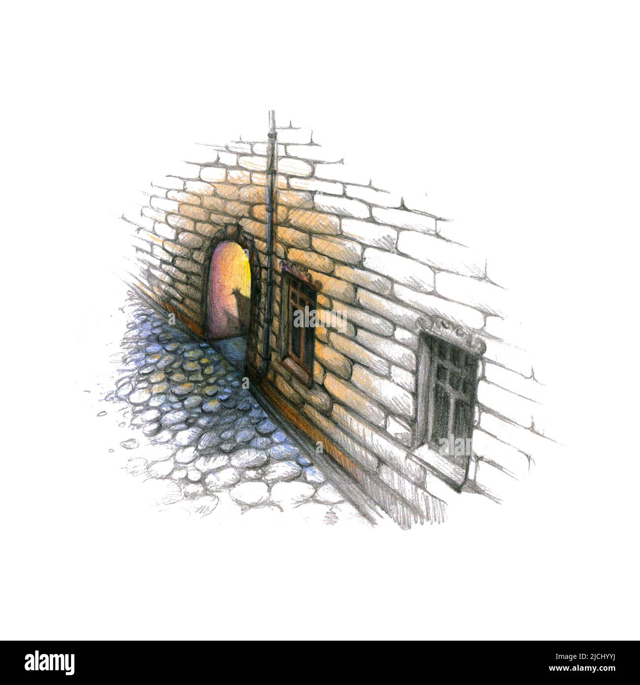 Buntstift-Illustration einer alten Stadtstraße mit einem Bogen. Geheimnisvolle und mystische Nachtstadt. Grafische Zeichnung Stockfoto