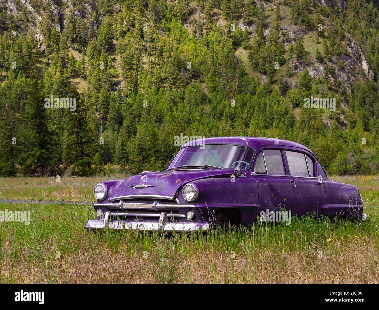 Verlassene rustikale Auto auf dem Hügel im Sommer Park in Kanada. Oldtimer auf dem Feld. Niemand, selektiver Fokus, Reisefoto-Juni 6,2022-Princenton Stockfoto