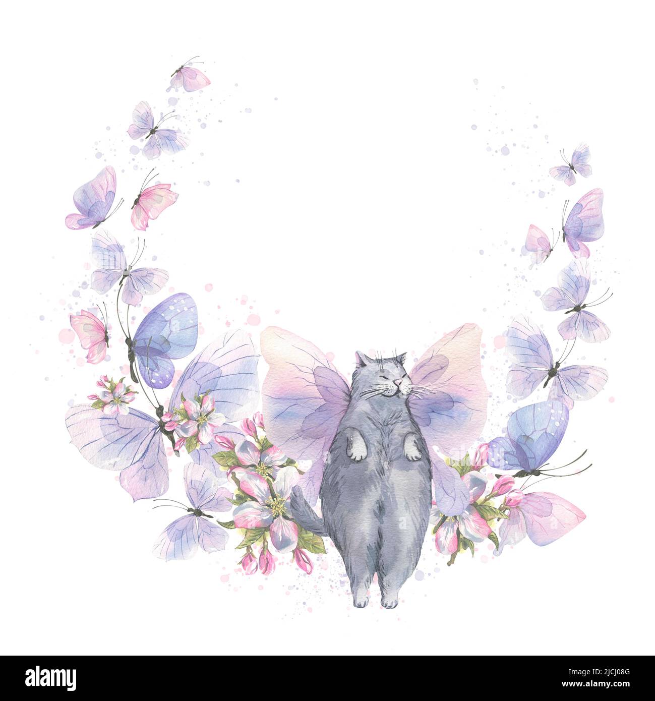 Ein Rahmen mit einer grauen Katze aus Schmetterlingen und Apfelblüten. Eine sanfte, luftige, süße Komposition. Aquarell-Illustration für Dekoration, Design, dez Stockfoto