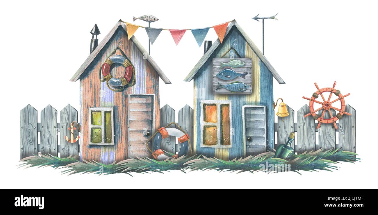 Fischerhäuser mit einem Zaun, Fahnen, einer Rettungsboje und einem Lenkrad. Aquarelldarstellung. Komposition für die Gestaltung von Postkarten, Plakaten Stockfoto