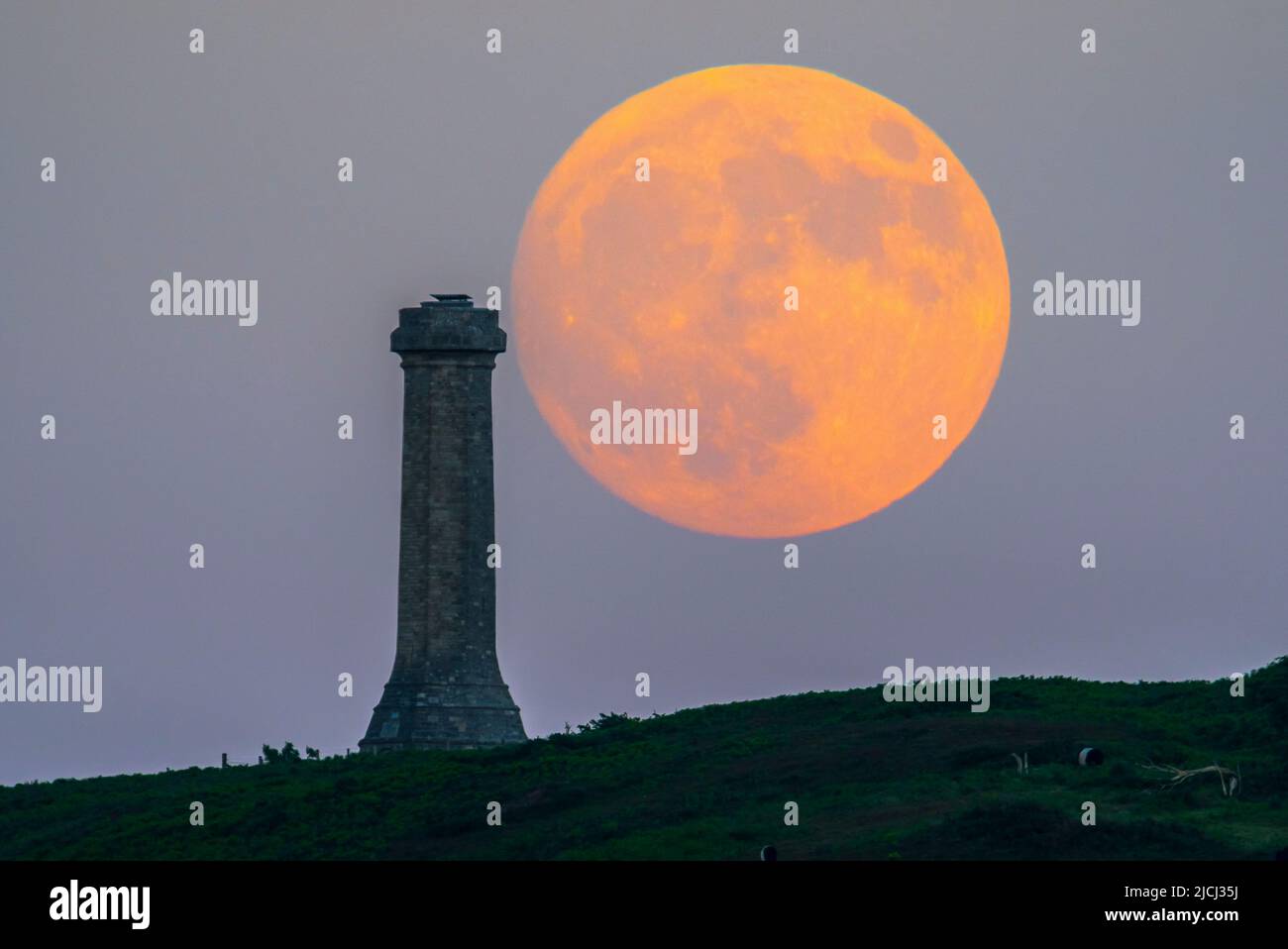 Portesham, Dorset, Großbritannien. 13.. Juni 2022. Wetter in Großbritannien. Der fast volle Strawberry Super Moon leuchtet orange, als er sich hinter dem Hardy Monument in Portesham in Dorset erhebt. Das Denkmal wurde 1844 in Erinnerung an den Vizeadmiral Sir Thomas Masterman Hardy errichtet, der Flaggenkapitän der HMS Victory bei der Schlacht von Trafalgar war. Bildnachweis: Graham Hunt/Alamy Live News Stockfoto