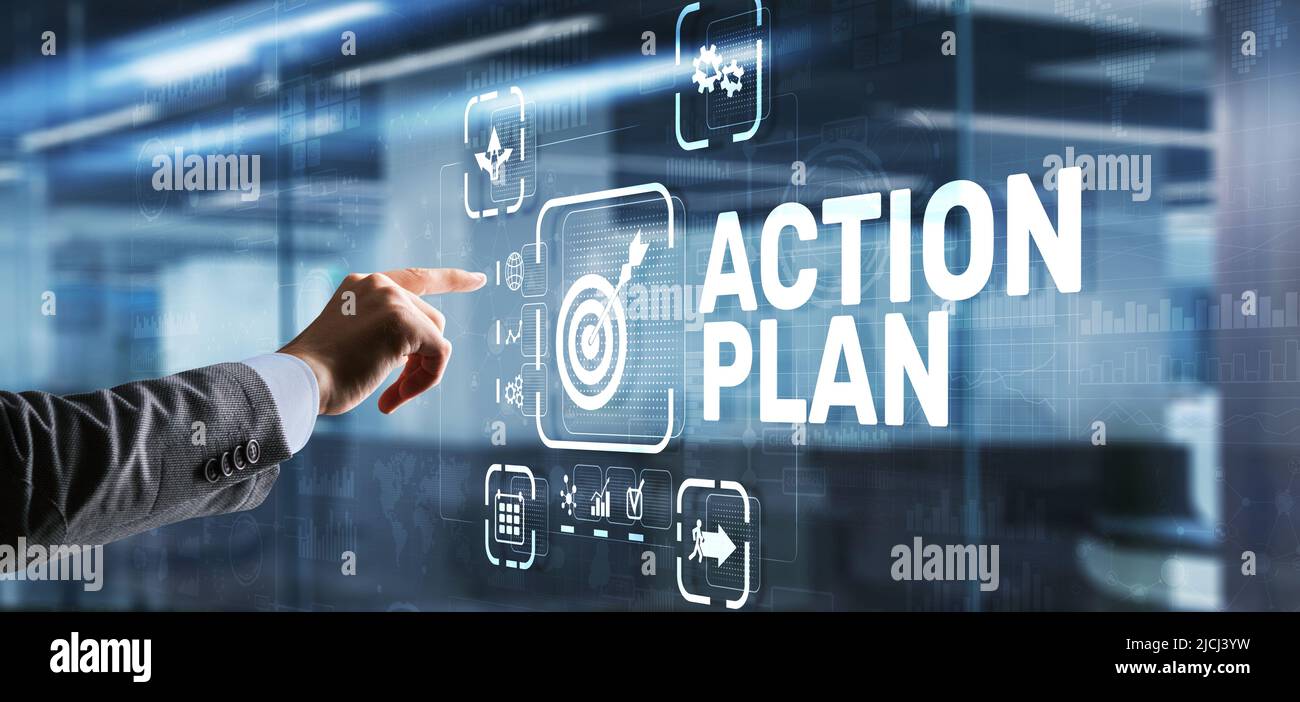 Strategiekonzept des Business Action Plans auf virtuellem Bildschirm. Zeitmanagement Stockfoto