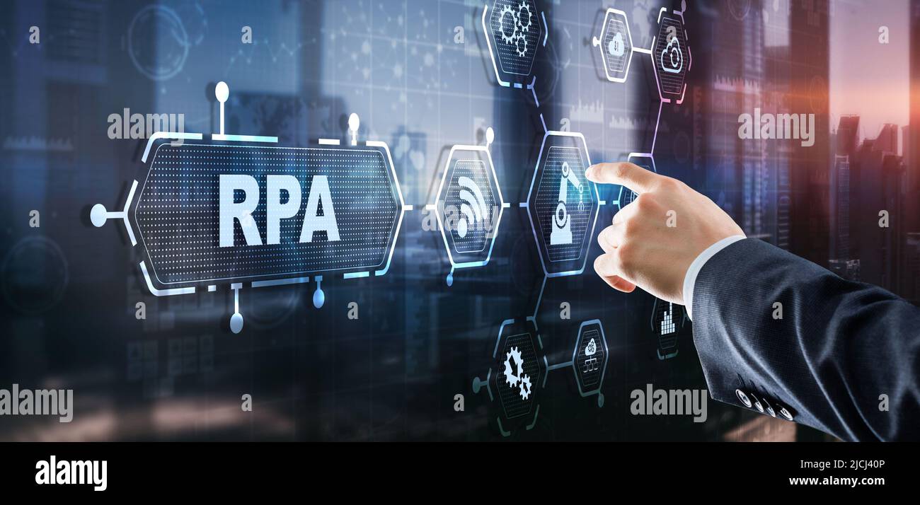 RPA. Robotisches Prozessautomatisierungs-Konzept auf virtuellem Bildschirm Stockfoto