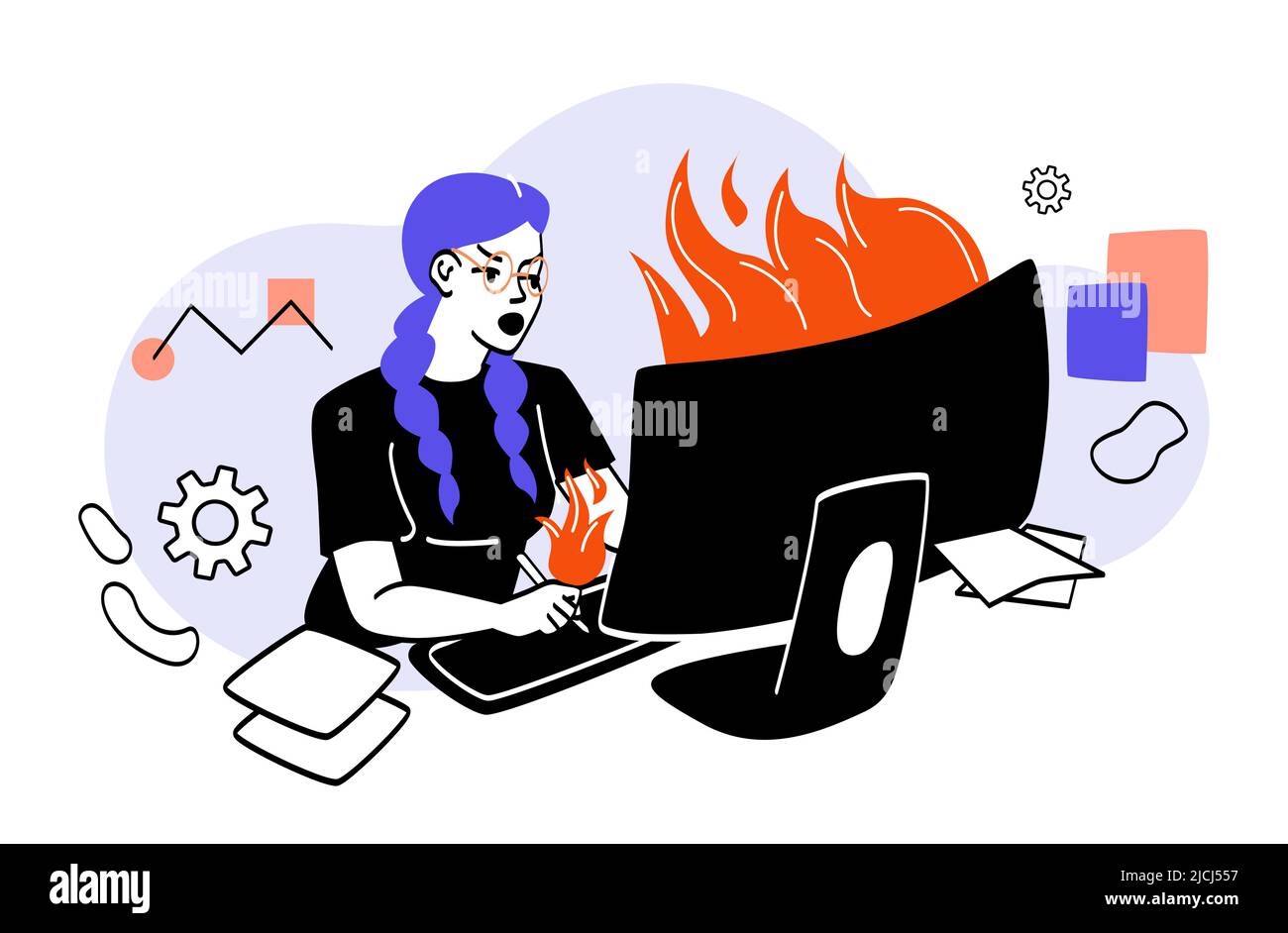Frau beim Brennen des Computers Stock Vektor