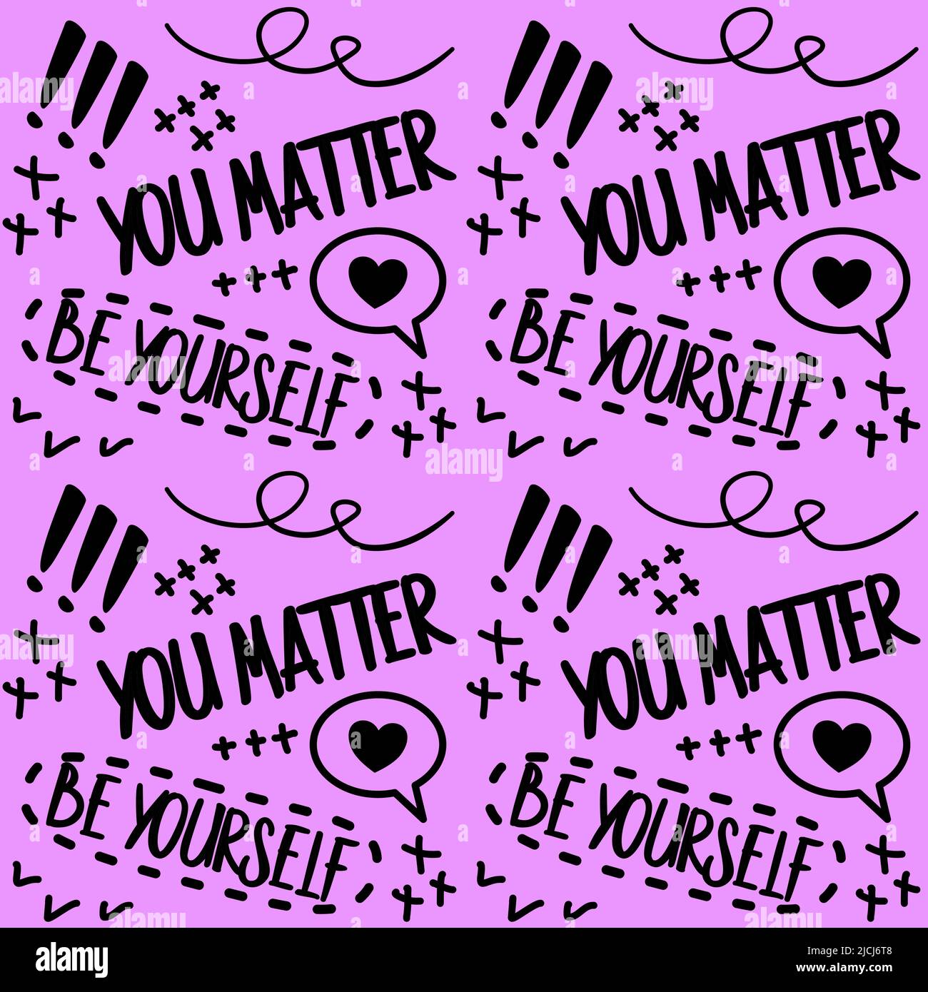 Süße nahtlose Textur im Y2K-Stil für Frauen. Helles lila schwarzes Muster mit ermutigenden Satz sein Sie selbst. Stock Vektor