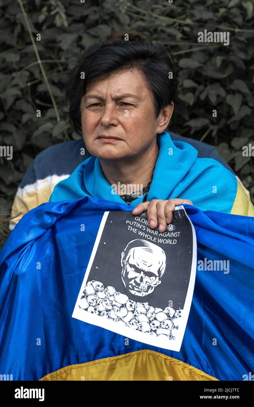 Sofia, Bulgarien, 13. Juni 2022: Eine Frau mit ukrainischer Flagge und Banner Globale Hungersnot - Putins Krieg gegen die ganze Welt, steht auf dem Treffen ag Stockfoto