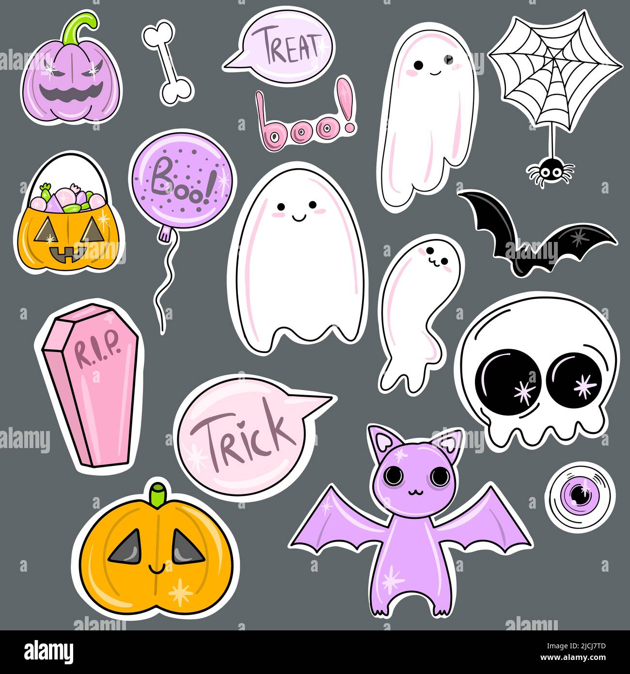 Vector großes Set von niedlichen halloween Sticker. Geister, Totenkopf, Sarg, Kürbis für Urlaubsgestaltung. Stock Vektor