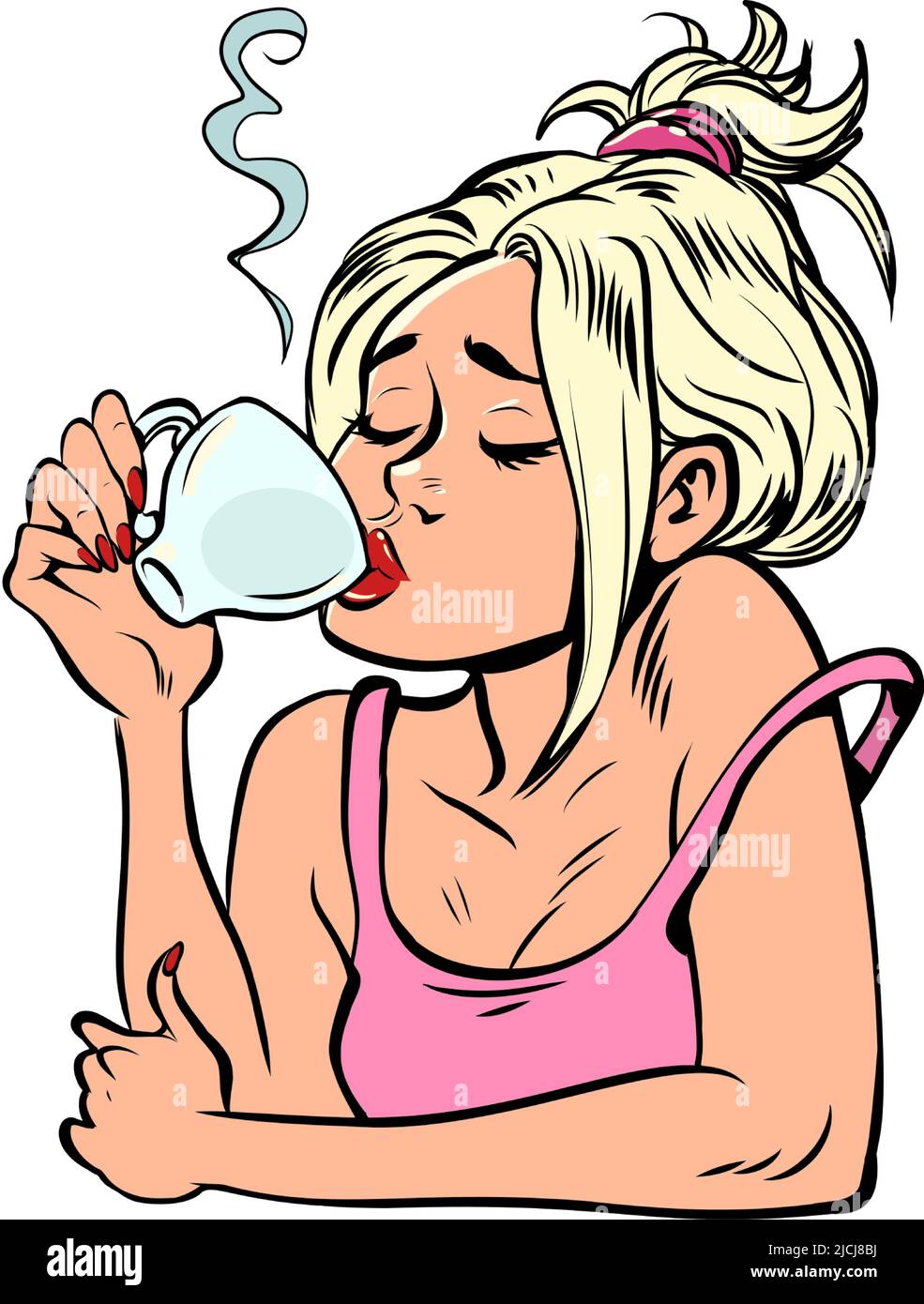 Eine Frau trinkt morgens eine Tasse Kaffee. Cafeteria, Restaurant Heißgetränk Stock Vektor