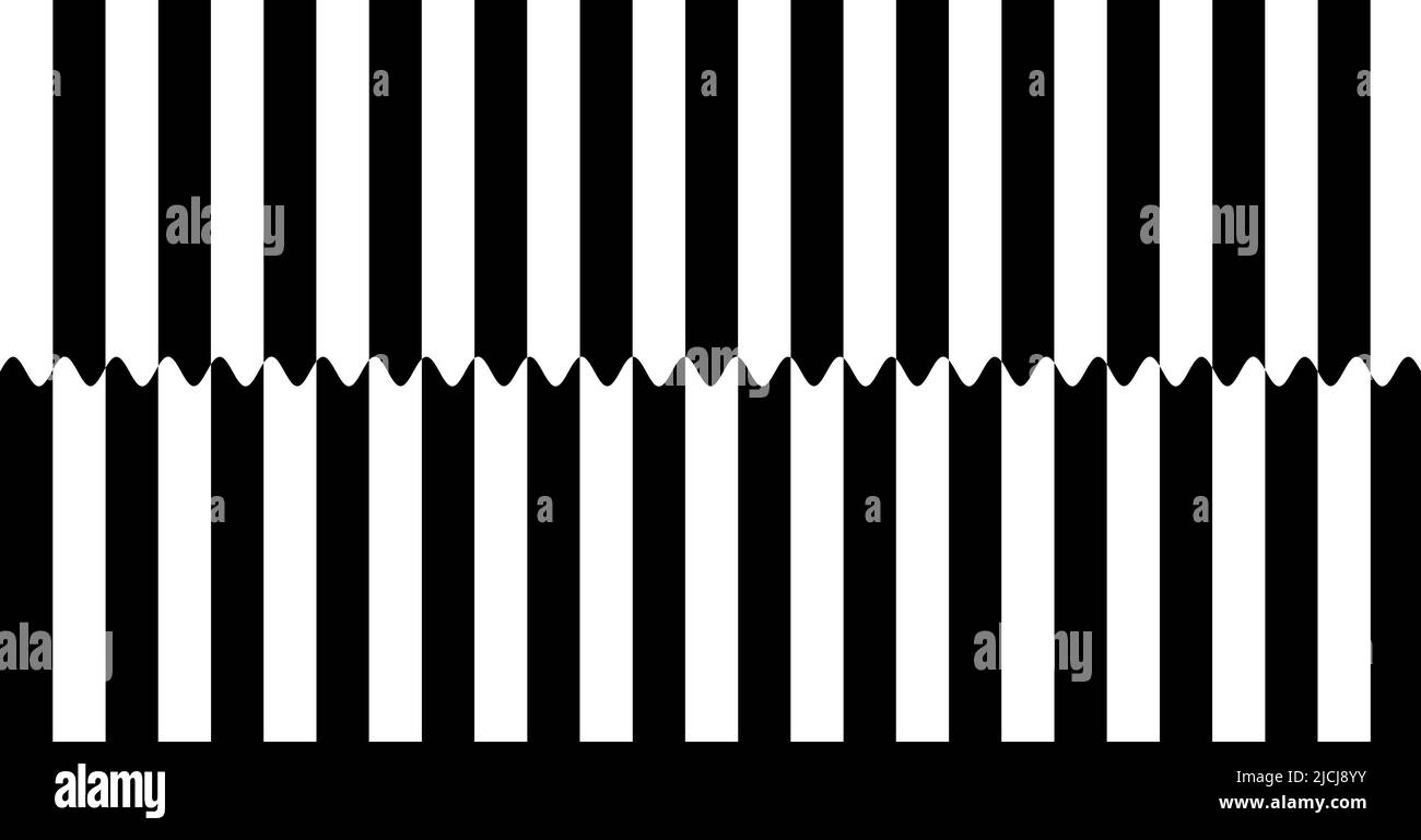 Schwarze und weiße Streifen, die durch eine sinusförmige Verbindungsform geteilt werden. Stockfoto
