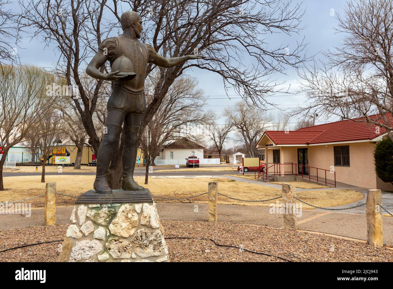 Liberal, Kansas - Eine Statue von Don Francisco Vasquez de Coronado vor dem Liberal Visitors Center und dem Coronado Museum. Coronado erforschte die are Stockfoto