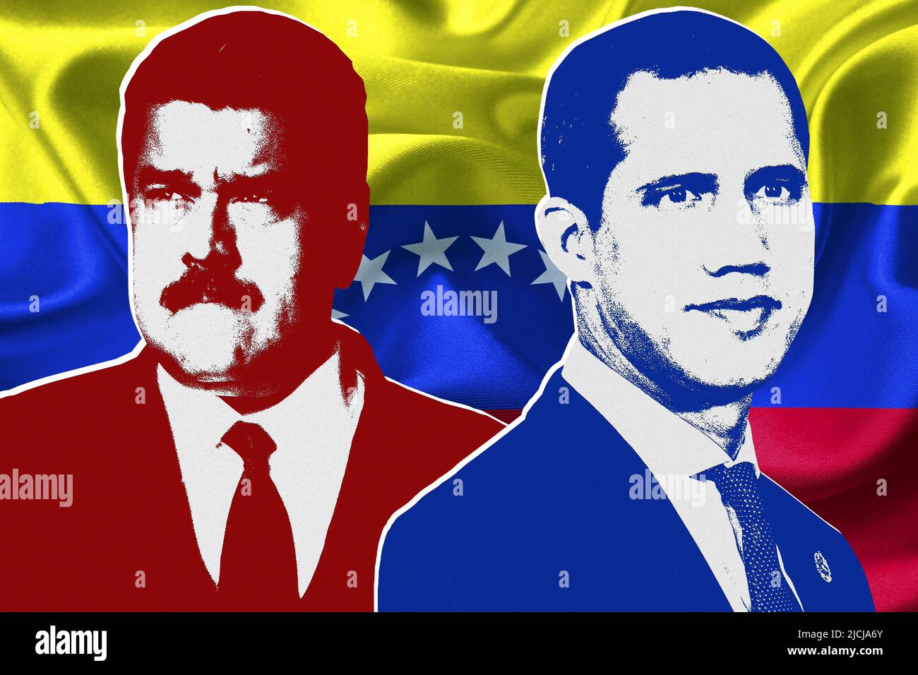 Nicolás Maduro, Juan Guaidó und die venezolanische Flagge Stockfoto