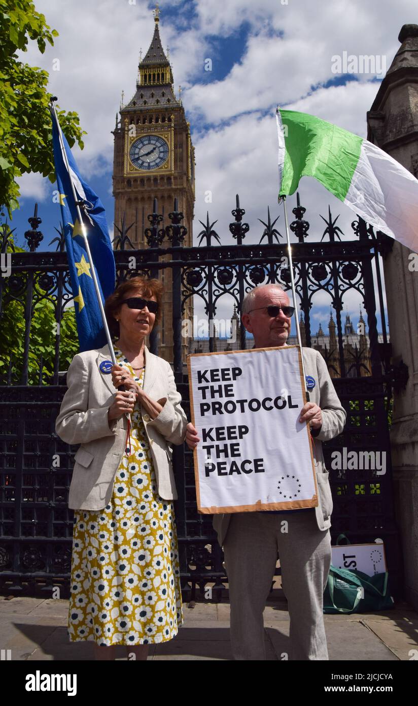 London, Großbritannien. 13.. Juni 2022. Vor dem Parlament stehen Demonstranten, die EU- und Irlandflaggen halten und ein Plakat zum „Halten des Protokolls“ halten. Die britische Regierung hat einen Gesetzesentwurf zur Neufassung des Nordirlandprotokolls veröffentlicht. Kredit: SOPA Images Limited/Alamy Live Nachrichten Stockfoto