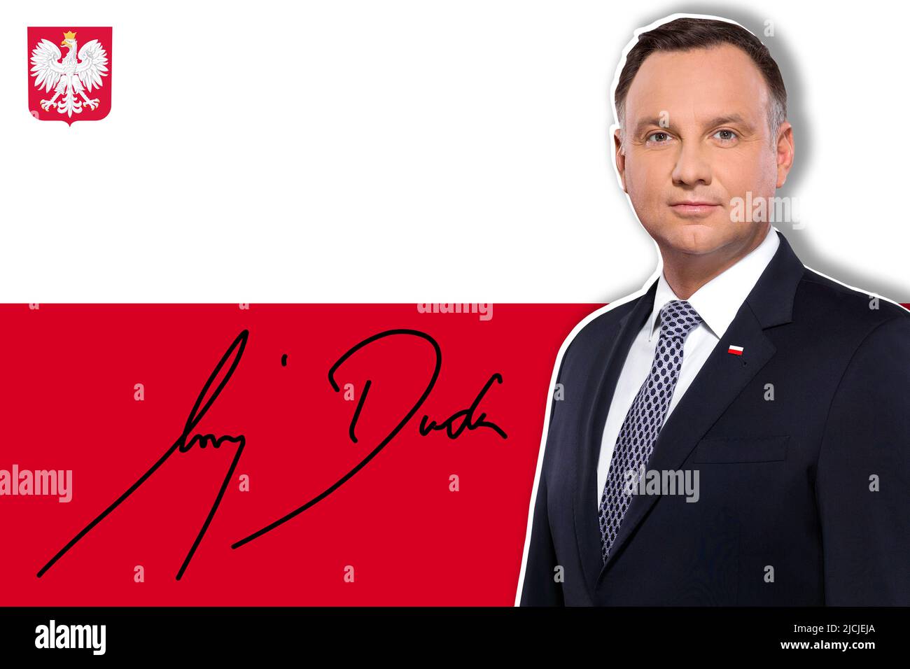 Andrzej Duda, Flagge Polens, Wappen und Unterschrift Stockfoto