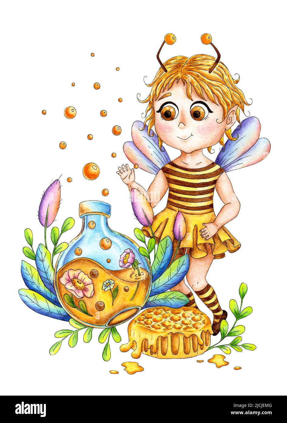 Aquarell Illustration kleines Mädchen Biene Cartoon-Charakter. Geeignet für den Druck, Postkarten. Illustration für Kinder. Bild für ein Kinderbuch. I Stockfoto
