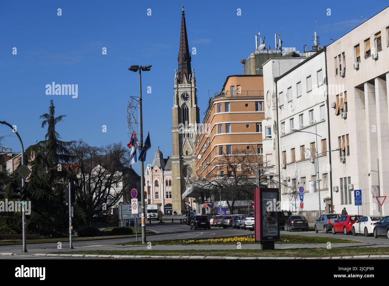 Novi Sad: Name der Marienkirche und des Tanurdzic-Palastes, aus Modene ulica, Serbien Stockfoto