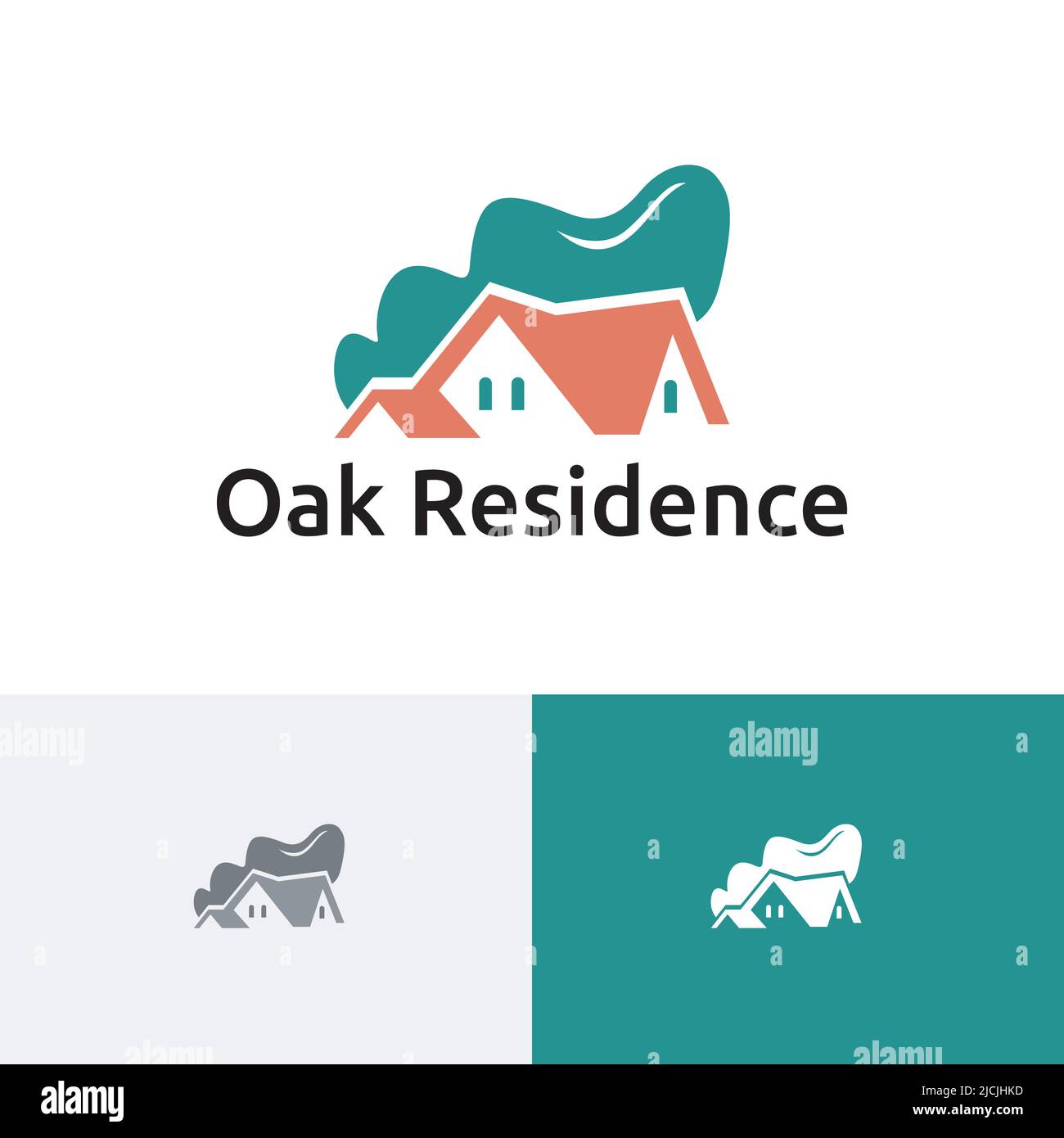 Oak Tree Green Leaf House Startseite Immobilien Wohnen Residenz Logo Stock Vektor