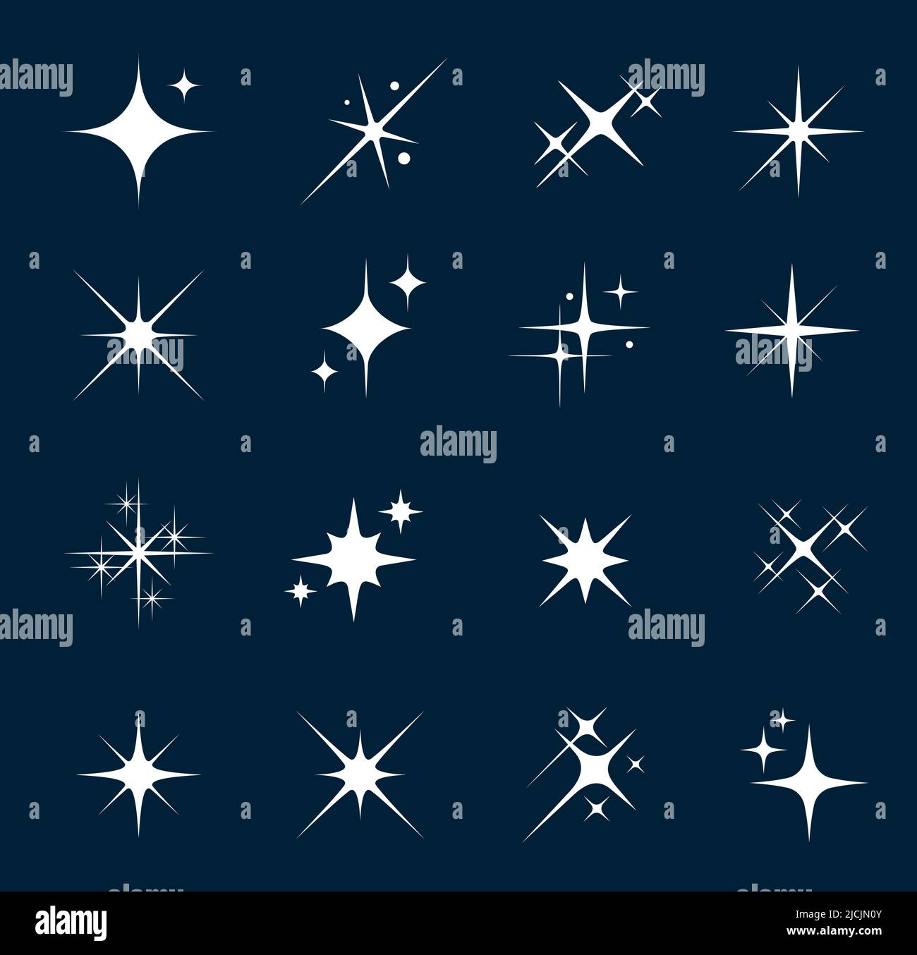 Sterne funkeln und funkeln, Sterne platzen oder blinken leuchtet und Funken, Vektor-Icons. Heller Stern funkelt oder Glitzerlicht mit Funkeleffekt, Sterne mit Streulicht und magischen Strahlen leuchten Stock-Vektorgrafik