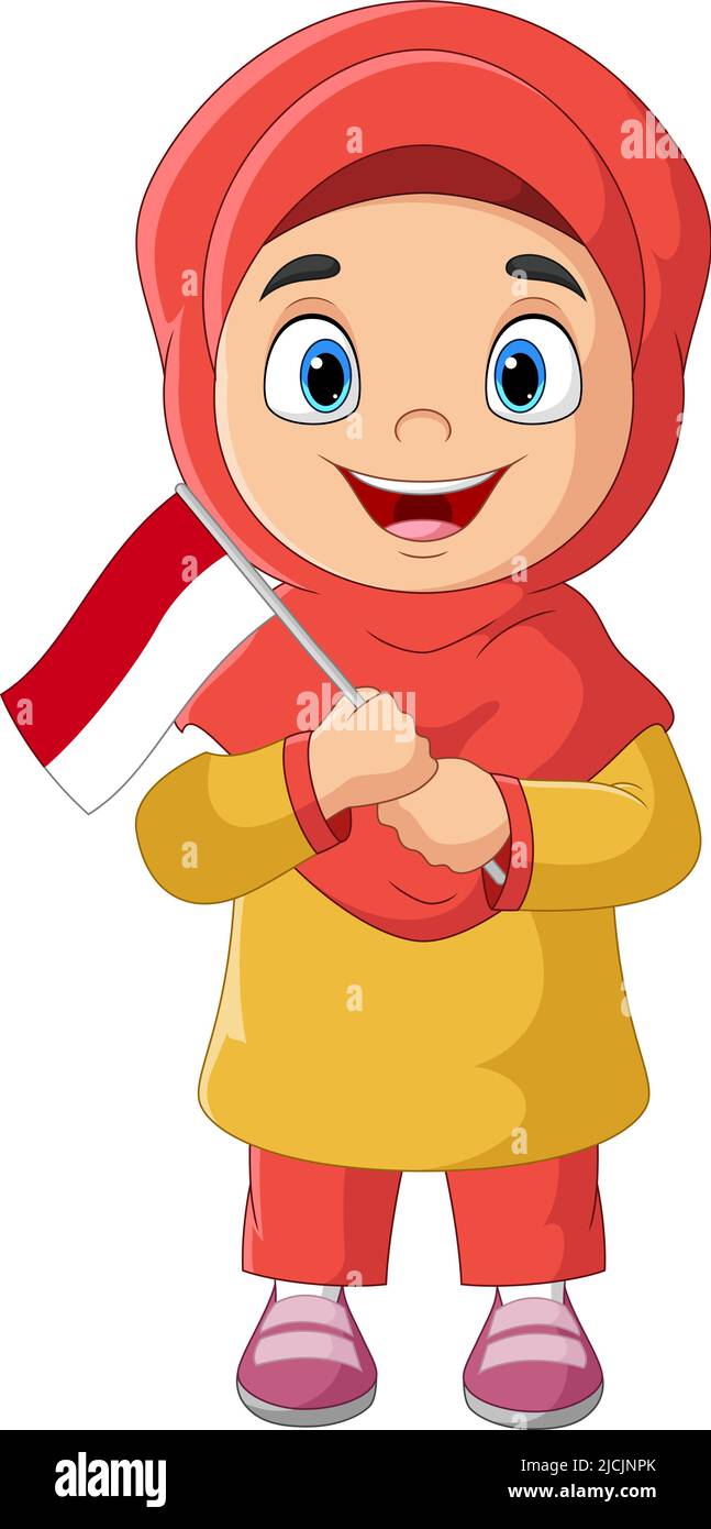 Cartoon muslimisches Mädchen mit einer indonesischen Flagge Stock Vektor